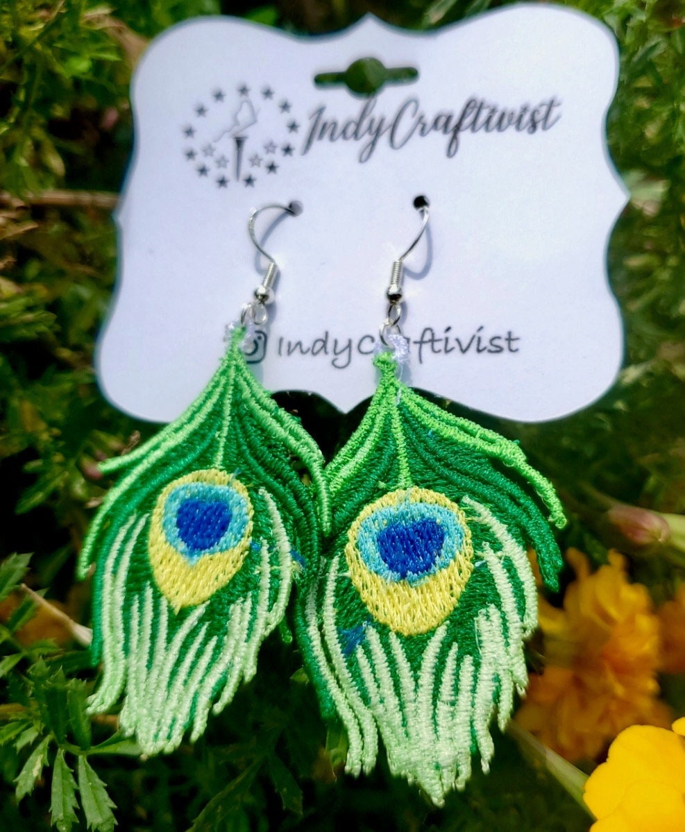 Made-To-Order Green Peacock Feather Earrings