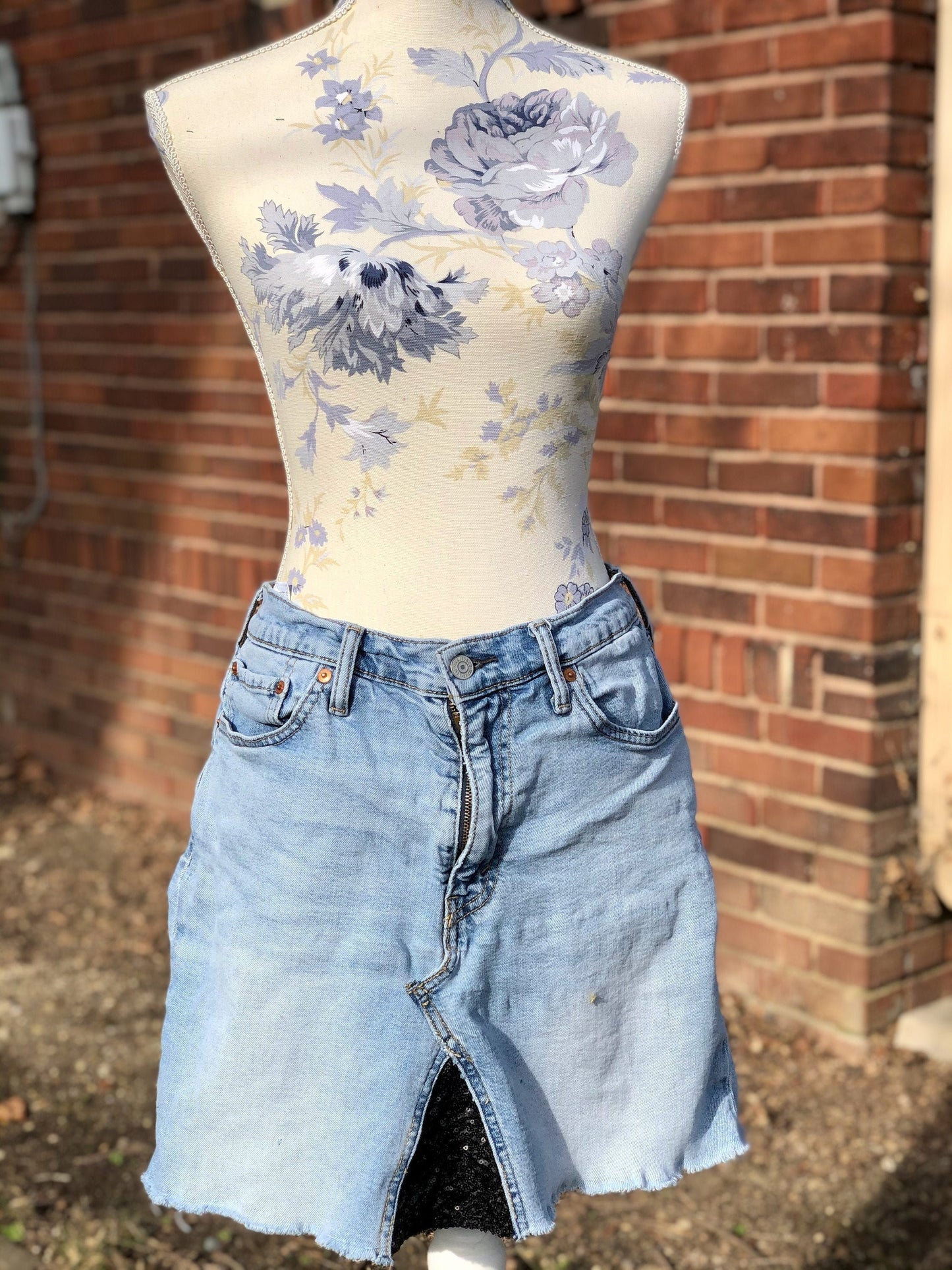 Upcycled Denim Skirt with Black Sequin Inset