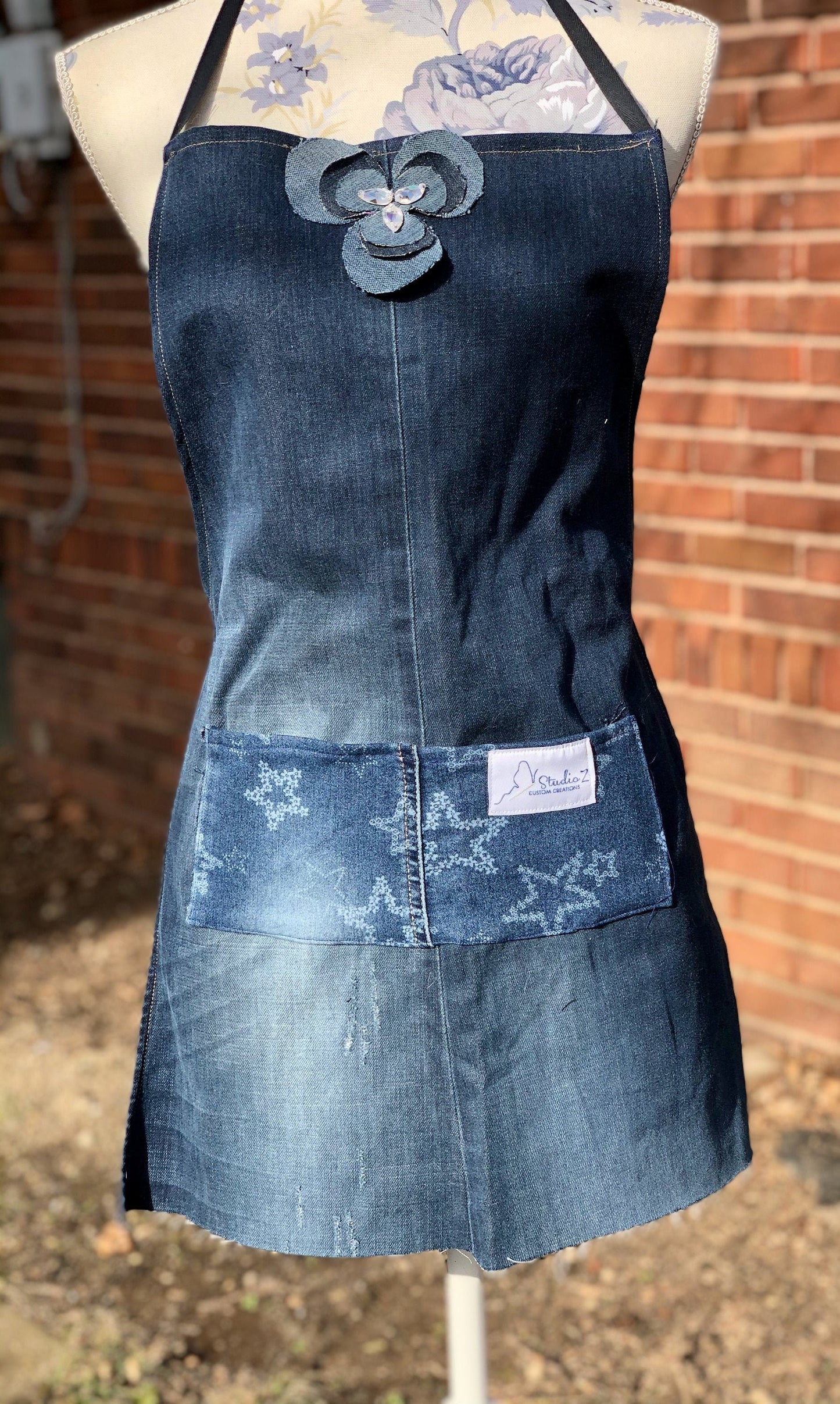 Upcycled Children's Denim Apron with Rhinestone Accent Denim Flower